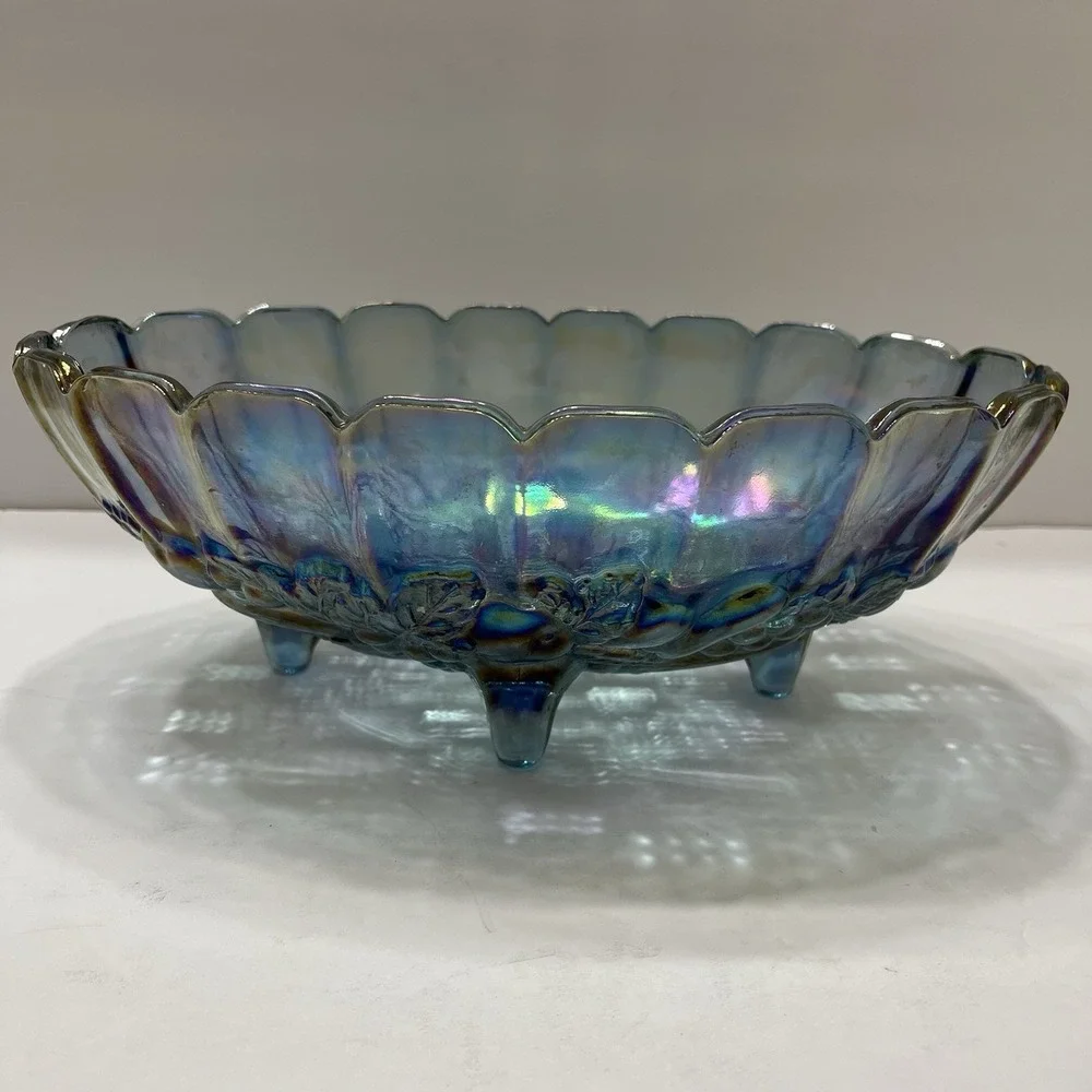 Indiana Glass Iridescent Blue Harvest Carnival Grape Fruit Bowl Footed Vintage